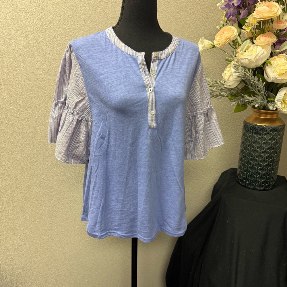 NWT Umgee USA Blue Ruffle Sleeve Mixed Stripe Contrast Top Blouse Size M